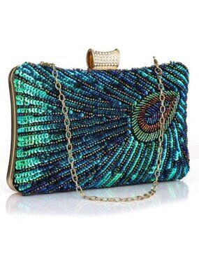 Crossbody Wedding Purse for Parties Beaded Sequin Peacock Evening Clutch